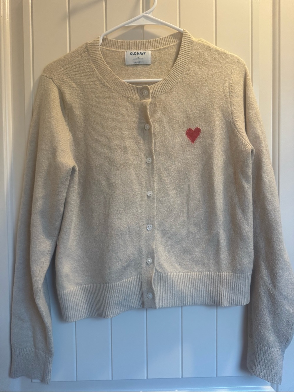 Old Navy Cream Cardigan with Red Heart Patch
